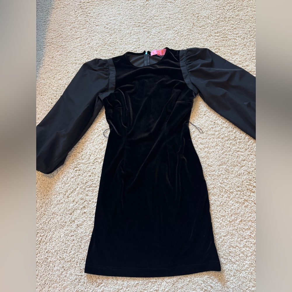 LDT Womens Black Velvet Crew Neck Puff Long Sleeve Shift Dress Size 2
